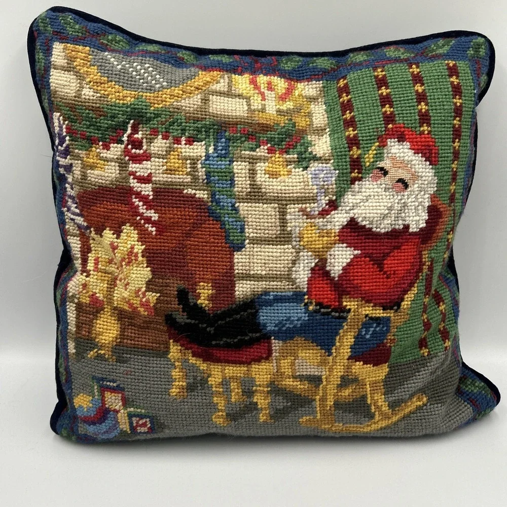 Lot Of 3 Vintage Needlepoint Santa Pillows Christmas Holiday‎ Festive Red Velvet